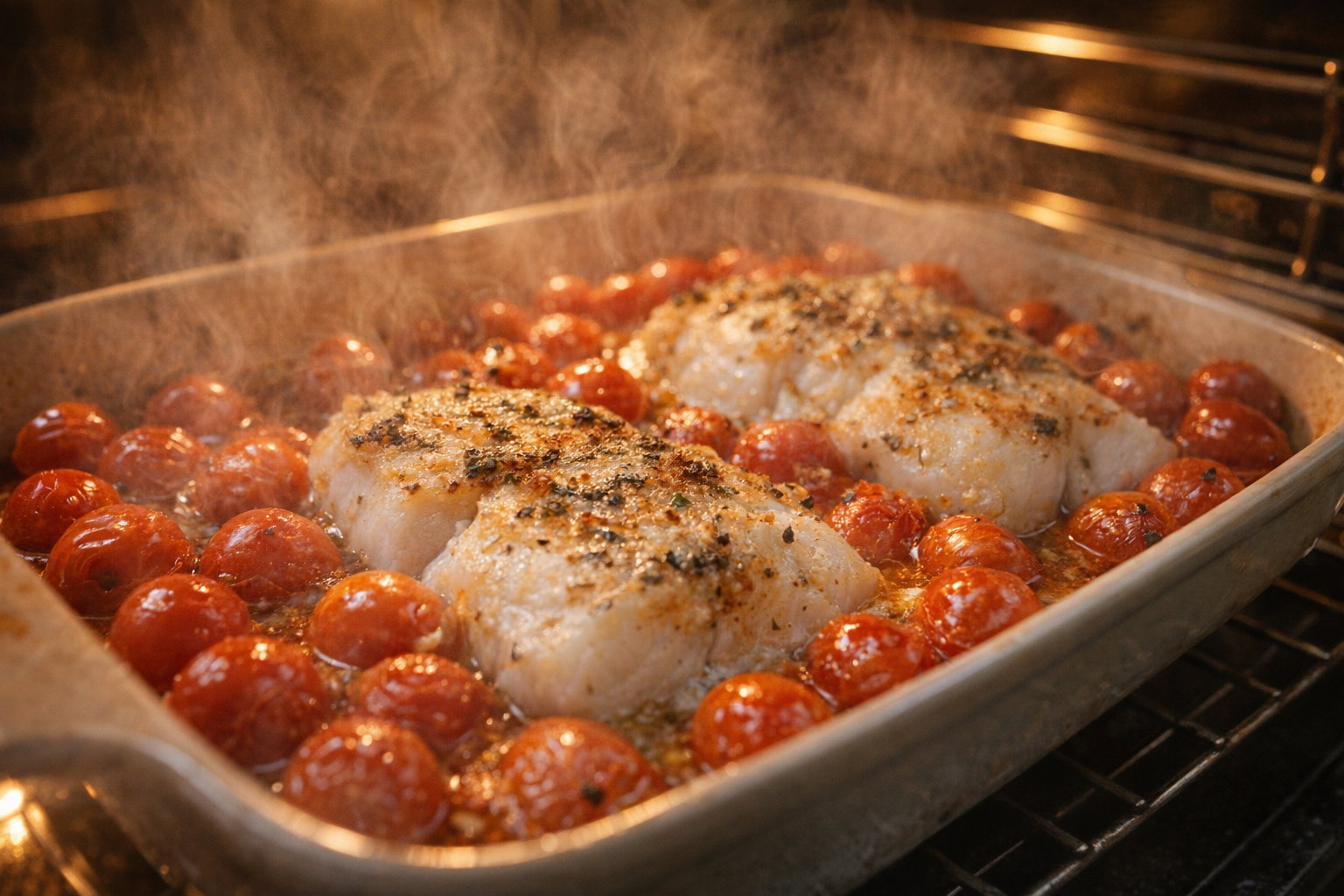 Close-up shot of cod fillets baking in the oven, cherry tomatoes glistening, steam rising, warm golden light